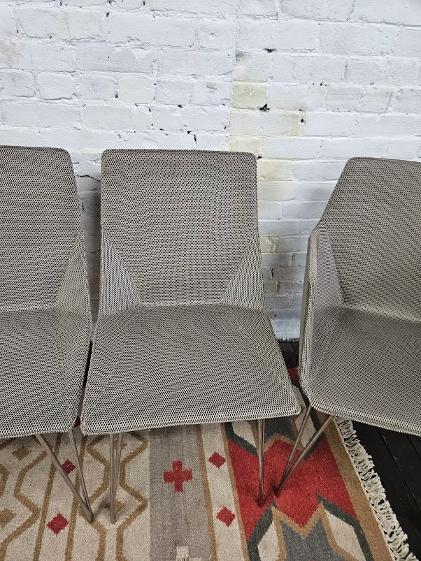 Set of 4 Ligne Roset Dining Chairs – Stone Grey Mesh & Silver Legs