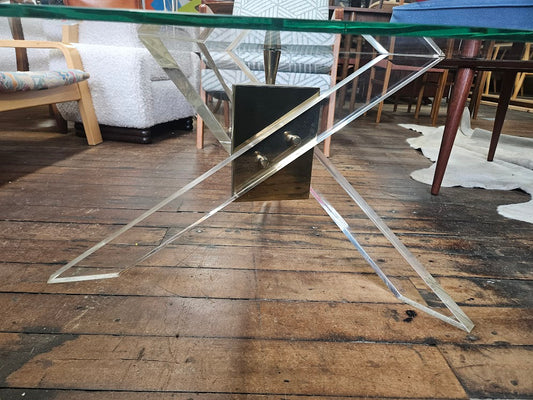 MCM Coffee Table With Angled Brass and Lucite Base With Triangle Glass Top