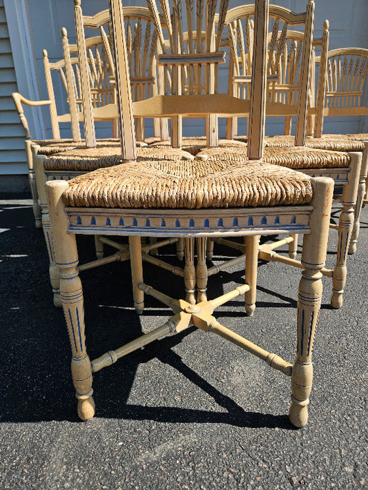 Vintage French Wheat-Sheaf Dining Chairs With Rush Seats - Set of 10