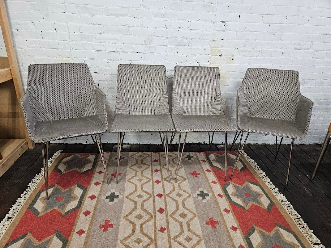 Set of 4 Ligne Roset Dining Chairs – Stone Grey Mesh & Silver Legs