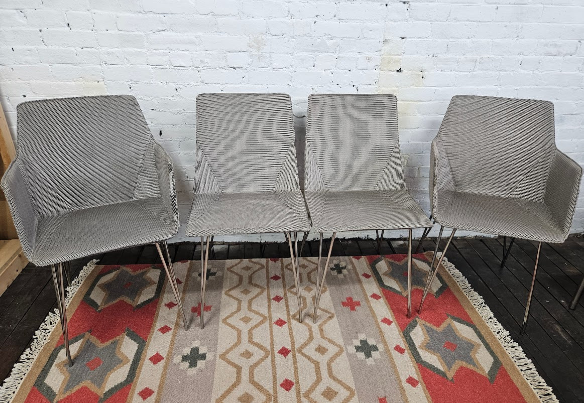 Set of 4 Ligne Roset Dining Chairs – Stone Grey Mesh & Silver Legs