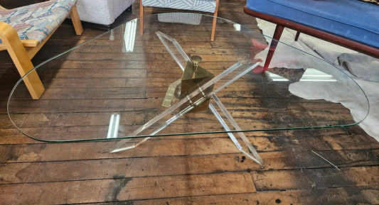 MCM Coffee Table With Angled Brass and Lucite Base With Triangle Glass Top