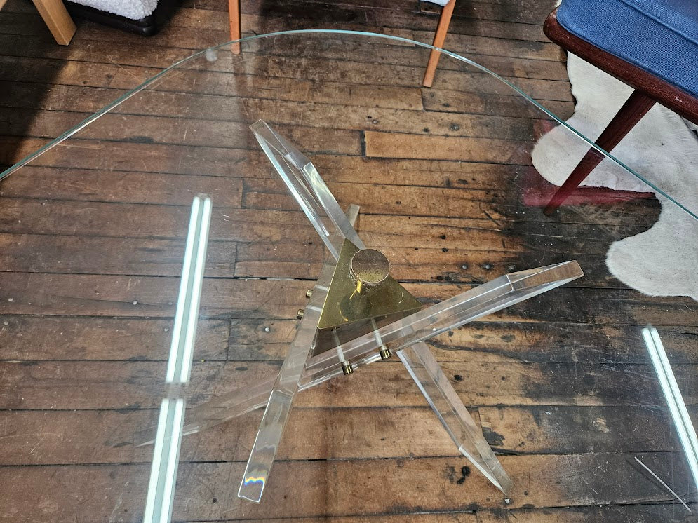 MCM Coffee Table With Angled Brass and Lucite Base With Triangle Glass Top