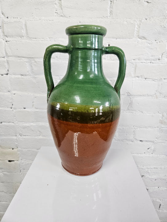 French Glazed Ceramic Amphora Vase – Vibrant Green & Rich Terracotta