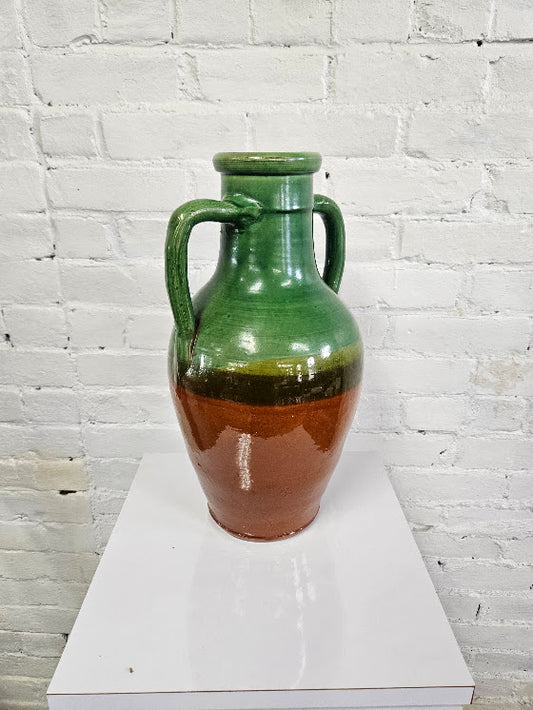 French Glazed Ceramic Amphora Vase – Vibrant Green & Rich Terracotta
