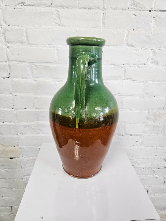 French Glazed Ceramic Amphora Vase – Vibrant Green & Rich Terracotta