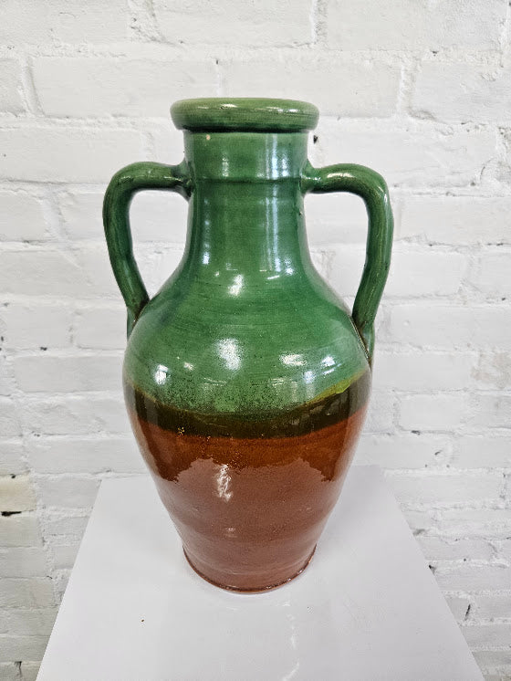 French Glazed Ceramic Amphora Vase – Vibrant Green & Rich Terracotta
