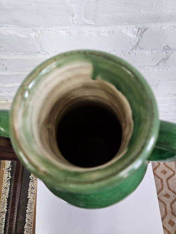 French Glazed Ceramic Amphora Vase – Vibrant Green & Rich Terracotta