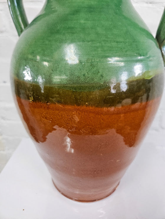French Glazed Ceramic Amphora Vase – Vibrant Green & Rich Terracotta