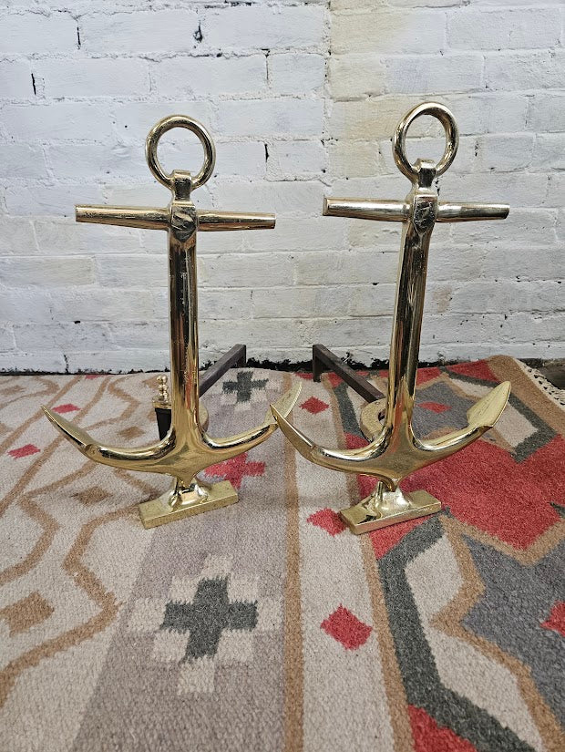 Rare Vintage "Puritan" Solid Brass Anchor Andirons | Favorite Stove & Range Co.