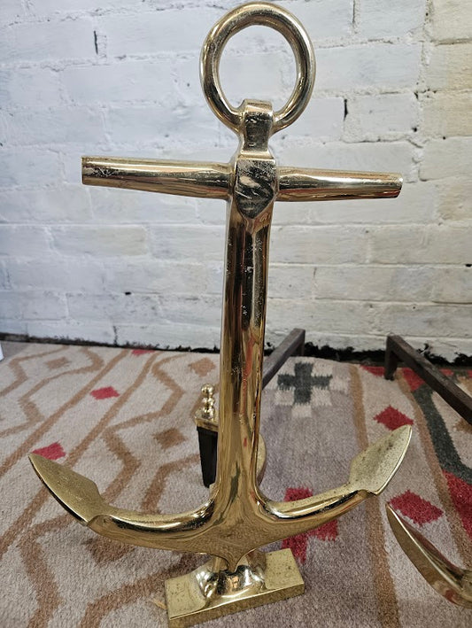 Rare Vintage "Puritan" Solid Brass Anchor Andirons | Favorite Stove & Range Co.