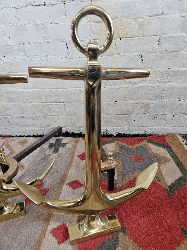 Rare Vintage "Puritan" Solid Brass Anchor Andirons | Favorite Stove & Range Co.
