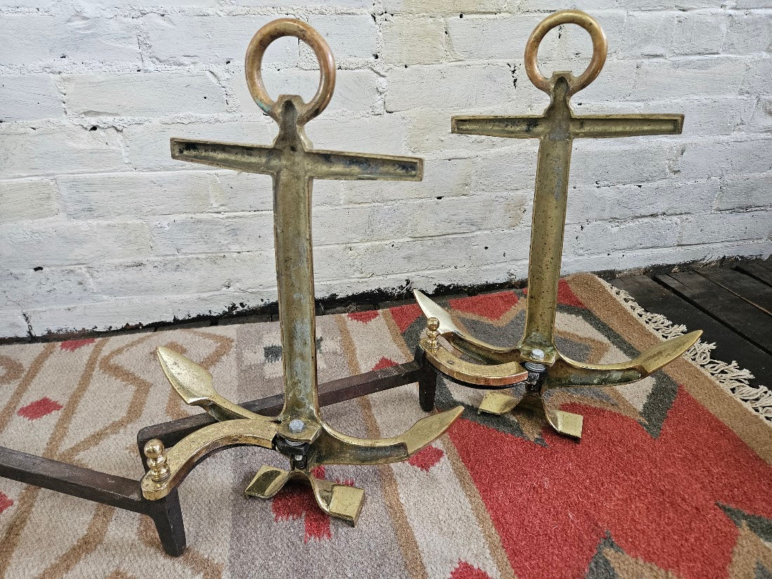 Rare Vintage "Puritan" Solid Brass Anchor Andirons | Favorite Stove & Range Co.