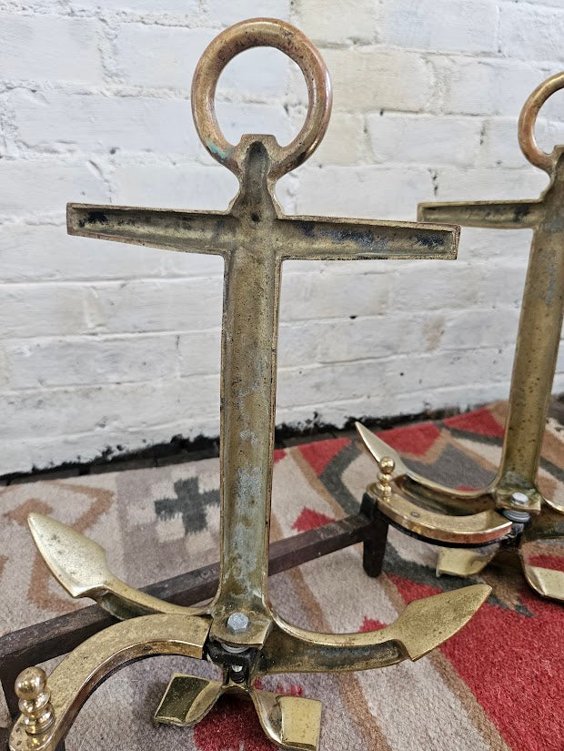 Rare Vintage "Puritan" Solid Brass Anchor Andirons | Favorite Stove & Range Co.