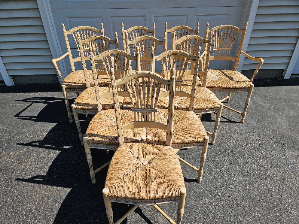 Vintage French Wheat-Sheaf Dining Chairs With Rush Seats - Set of 10