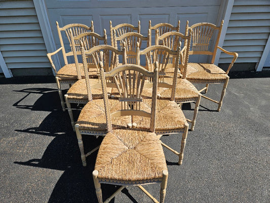 Vintage French Wheat-Sheaf Dining Chairs With Rush Seats - Set of 10