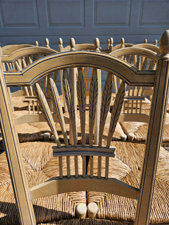 Vintage French Wheat-Sheaf Dining Chairs With Rush Seats - Set of 10