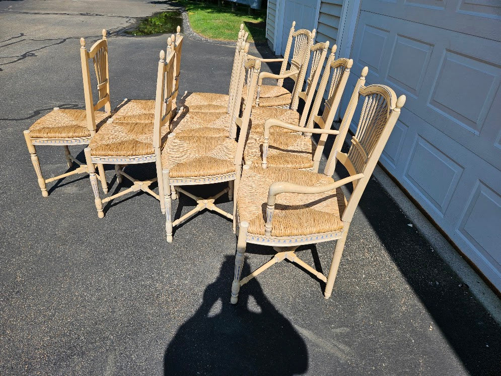Vintage French Wheat-Sheaf Dining Chairs With Rush Seats - Set of 10