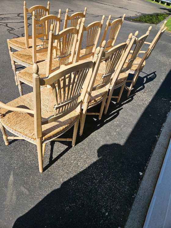 Vintage French Wheat-Sheaf Dining Chairs With Rush Seats - Set of 10