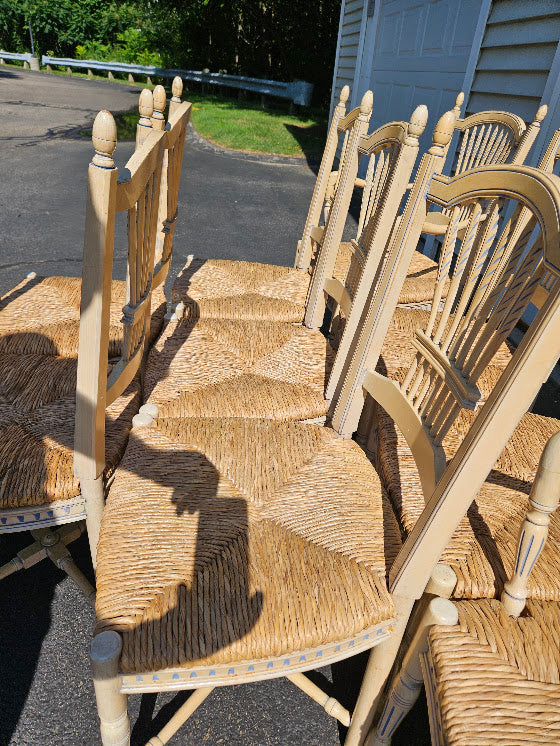 Vintage French Wheat-Sheaf Dining Chairs With Rush Seats - Set of 10