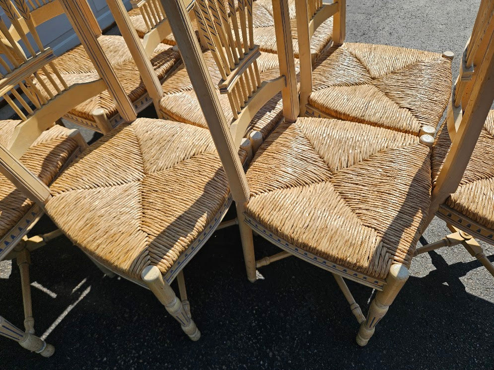 Vintage French Wheat-Sheaf Dining Chairs With Rush Seats - Set of 10