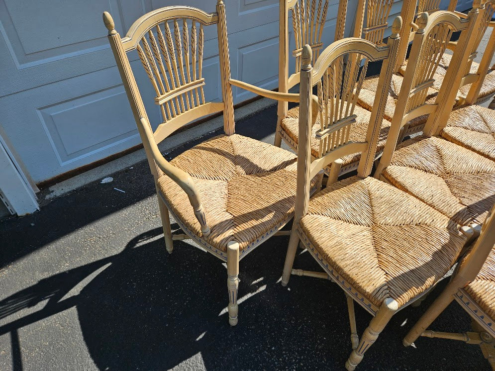 Vintage French Wheat-Sheaf Dining Chairs With Rush Seats - Set of 10