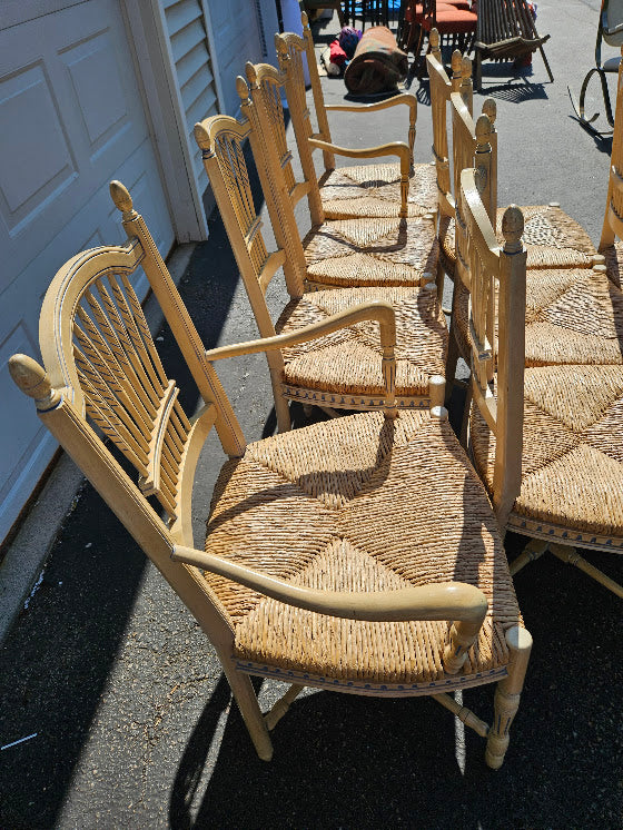 Vintage French Wheat-Sheaf Dining Chairs With Rush Seats - Set of 10