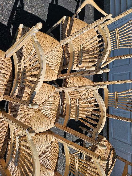 Vintage French Wheat-Sheaf Dining Chairs With Rush Seats - Set of 10