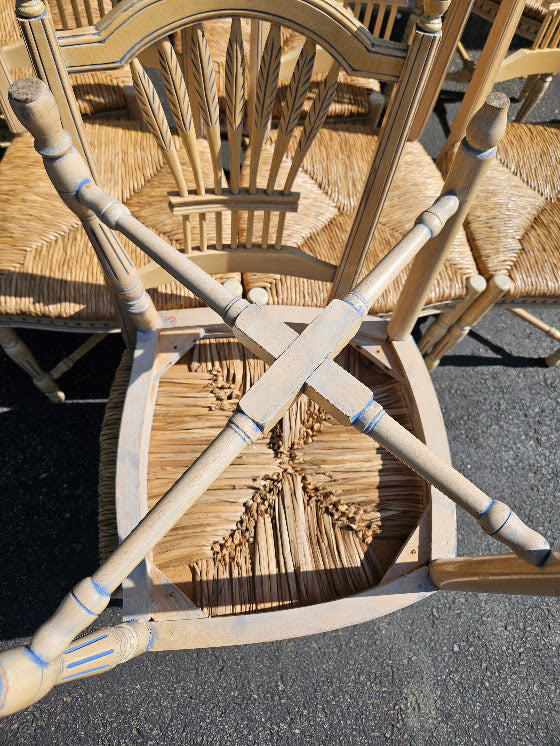 Vintage French Wheat-Sheaf Dining Chairs With Rush Seats - Set of 10