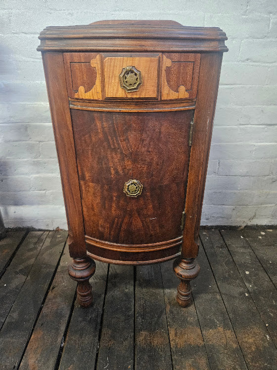 Antique Early 20th Century Burl Mahogany Bedside Table / Nightstand