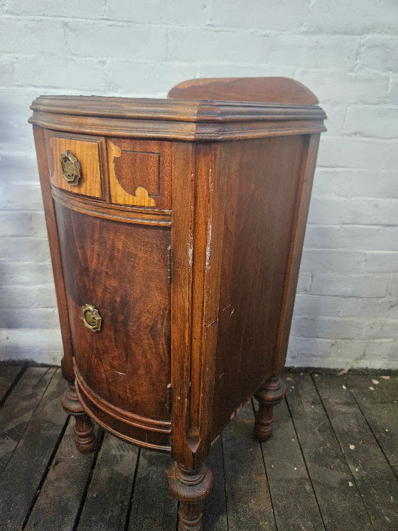 Antique Early 20th Century Burl Mahogany Bedside Table / Nightstand