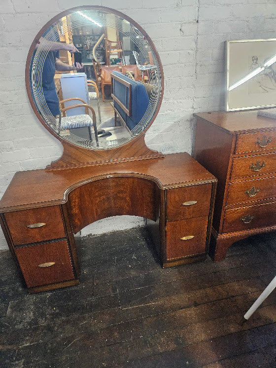 1930s Art Deco Waterfall Burl Wood Vanity With Circular Mirror