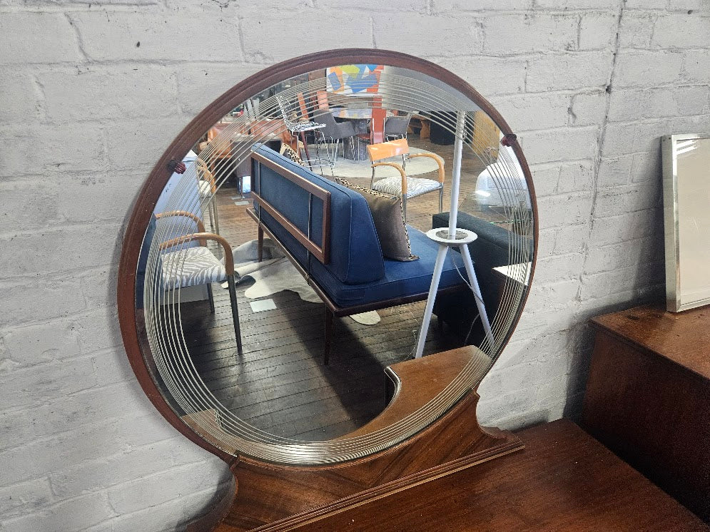 1930s Art Deco Waterfall Burl Wood Vanity With Circular Mirror