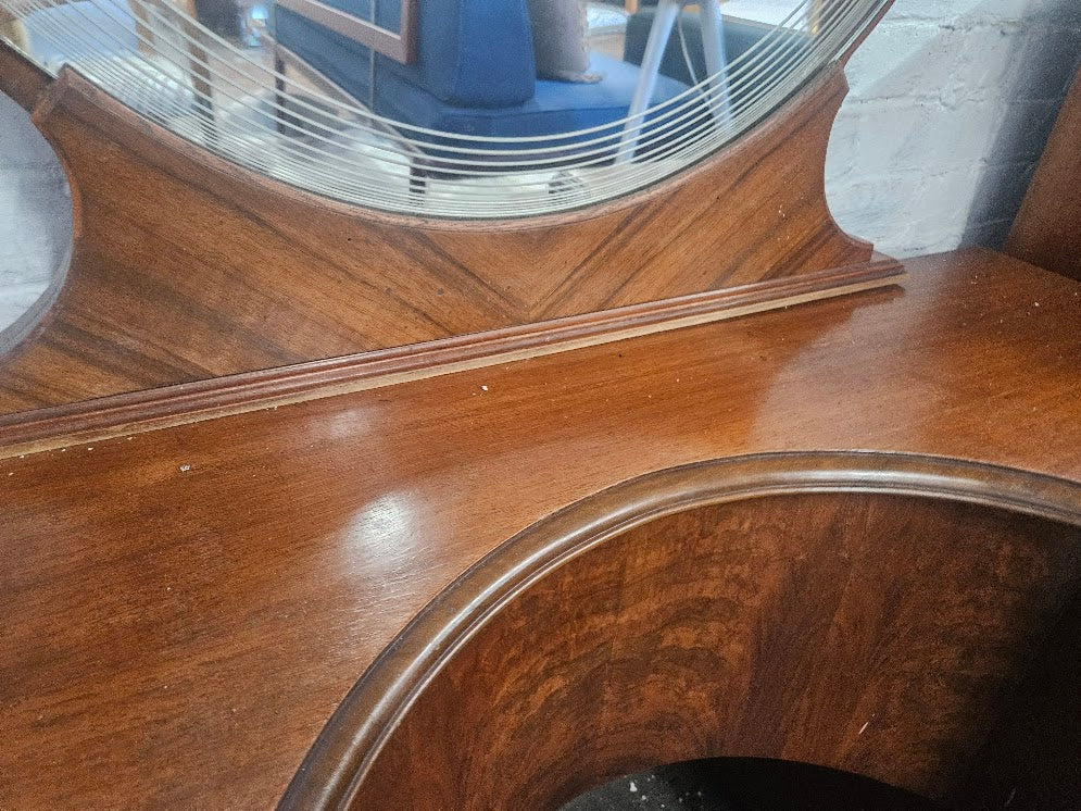 1930s Art Deco Waterfall Burl Wood Vanity With Circular Mirror