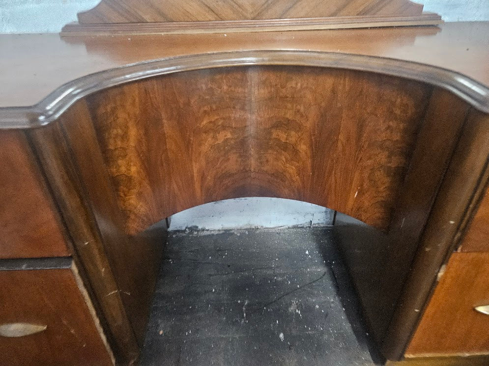 1930s Art Deco Waterfall Burl Wood Vanity With Circular Mirror