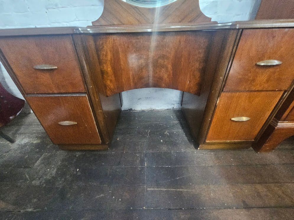 1930s Art Deco Waterfall Burl Wood Vanity With Circular Mirror
