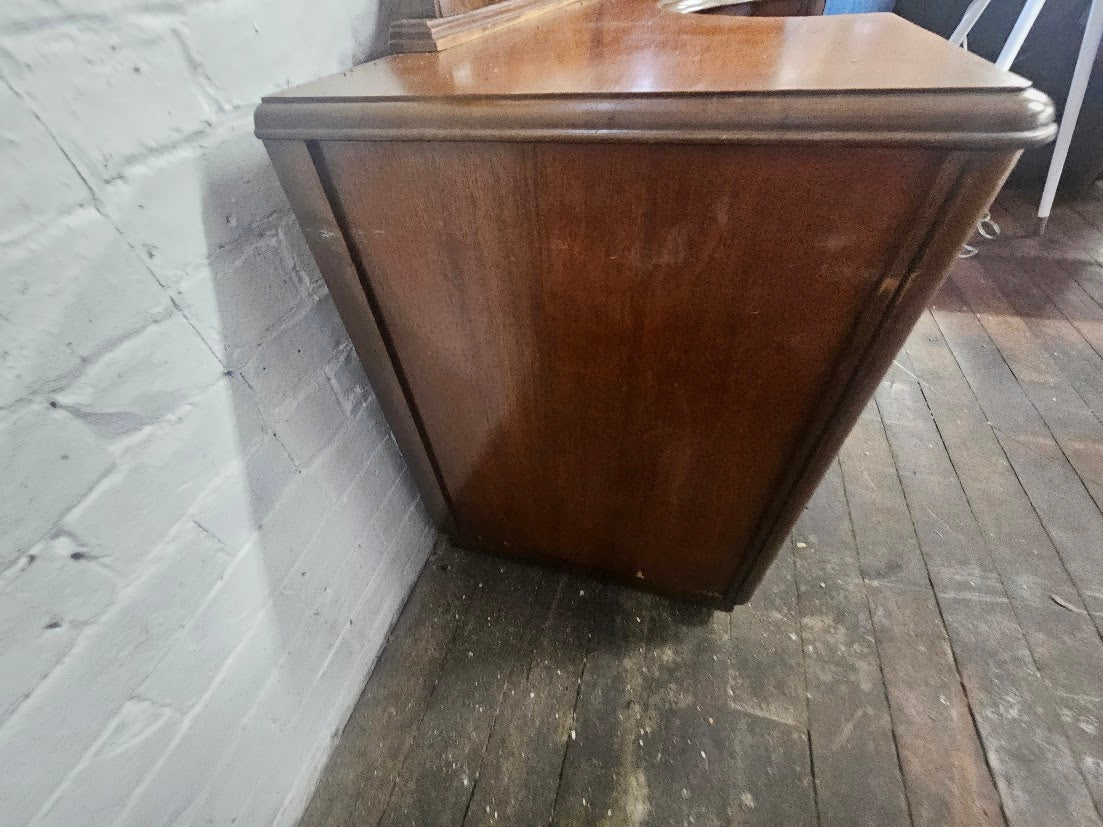 1930s Art Deco Waterfall Burl Wood Vanity With Circular Mirror
