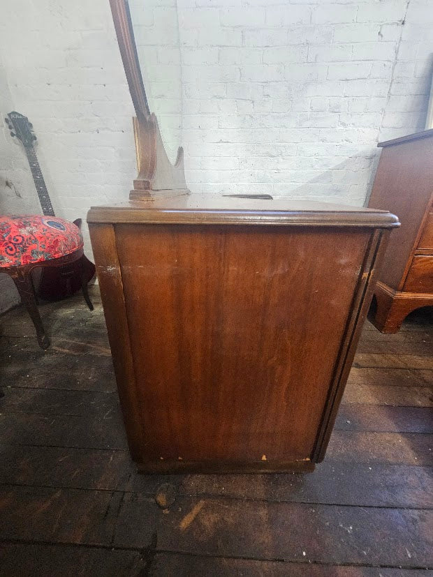 1930s Art Deco Waterfall Burl Wood Vanity With Circular Mirror