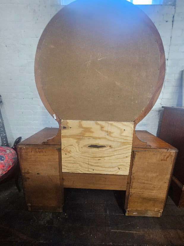 1930s Art Deco Waterfall Burl Wood Vanity With Circular Mirror