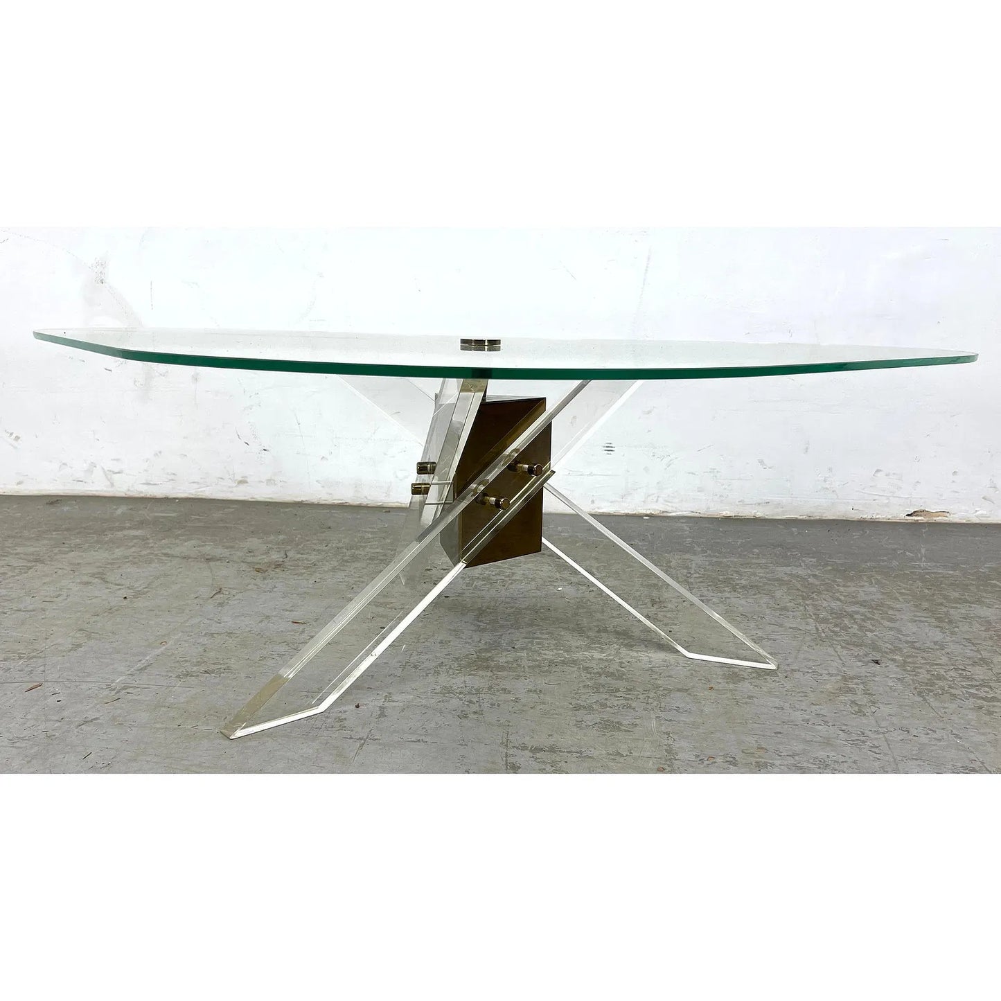 MCM Coffee Table With Angled Brass and Lucite Base With Triangle Glass Top