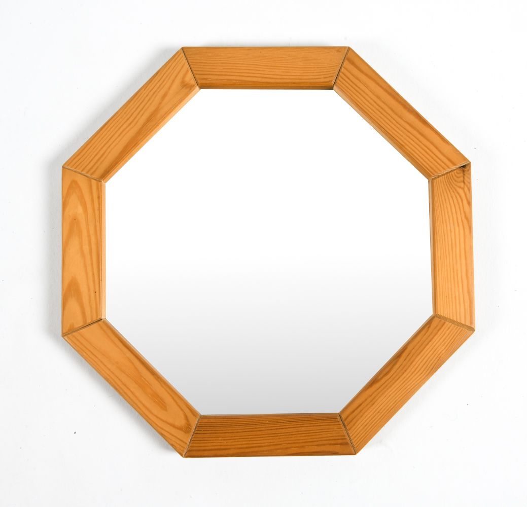 Danish Octagonal Wooden Wall Mirror in Pine, Denmark, 1970s