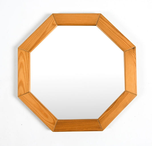 Danish Octagonal Wooden Wall Mirror in Pine, Denmark, 1970s