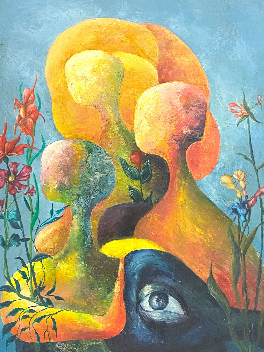 1970s Modern Surrealist Oil on Panel
