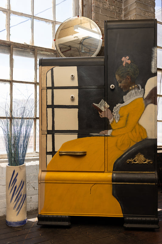 Vintage Armoire With Beautiful Depiction of French Painting