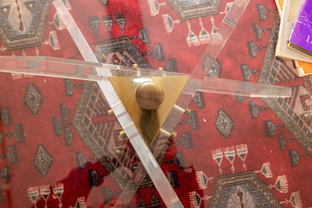 MCM Coffee Table With Angled Brass and Lucite Base With Triangle Glass Top