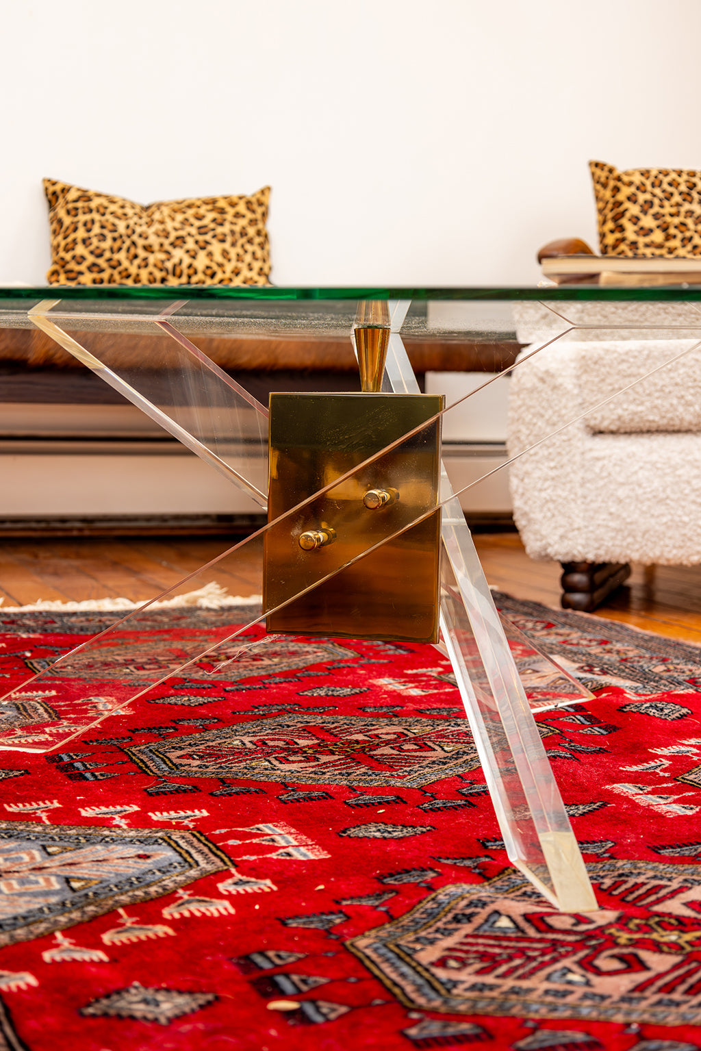 MCM Coffee Table With Angled Brass and Lucite Base With Triangle Glass Top